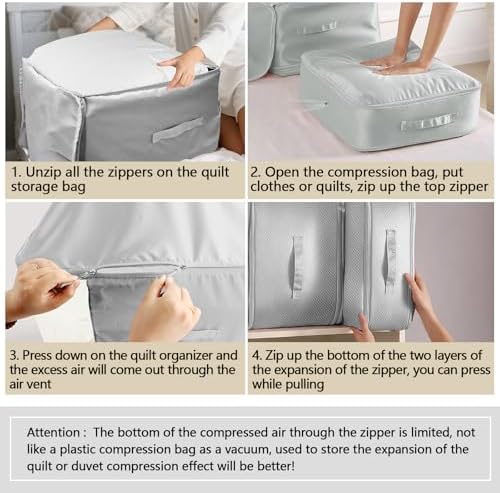4 Pack Space Saving Comforter Storage Bag with Handle, 3-Layer Compression Blanket Storage Bags Adjustable In 3 Sizes (142L, 107L, 71L), Washable Bedding Organizer For Pillow Duvet Clothing Plush Toy - Image 6