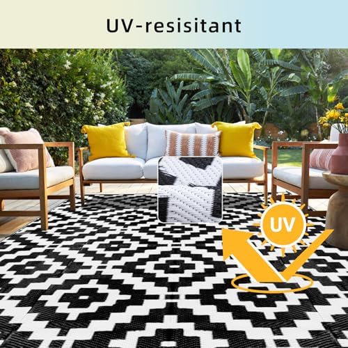 Favoyard Outdoor Rug Black & White 9x12 ft Waterproof Reversible Carpet Mat - Image 3