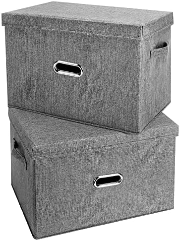 Large Linen Fabric Foldable Storage Bins with Removable Lid and Handles, Washable Storage Box Organizer Containers Baskets Cube with Cover for Bedroom,Closet,Nursery (Grey, Large(2-Pack)) by Unknown