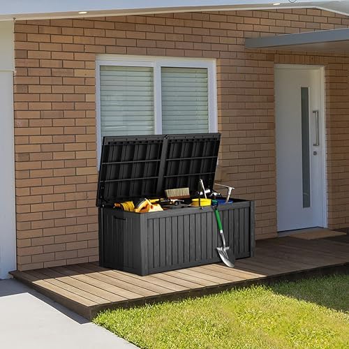 180 Gallon Deck Box Organizer, Doubles as 2-Person Bench Seat, Black – Large Resin Outdoor Storage and Seating with Lockable Lid for Garden, Pool, and Patio - Image 2