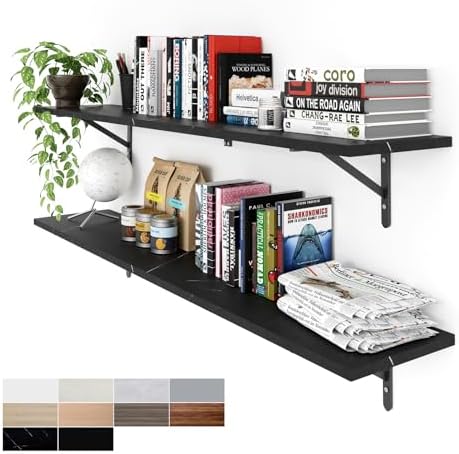 Kaboon 55 inch Long 10 inch Deep Floating Shelves for Wall Set of 2, Large Open Shelves Wall Mounted, Space Saving Home and Commercial Use, Cloud Atlas/Black Marble by Kaboon