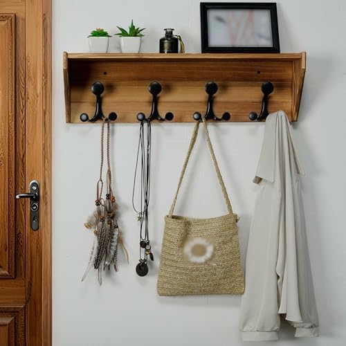 WEBI Wall Shelf with Hooks Underneath,24" Long Wall Mounted Coat Rack with Shelf,Entryway Coat Rack with 4 Triple Hooks for Hanging Coats,Jacket,Hallway,Bedroom,Mudroom,Brown - Image 2