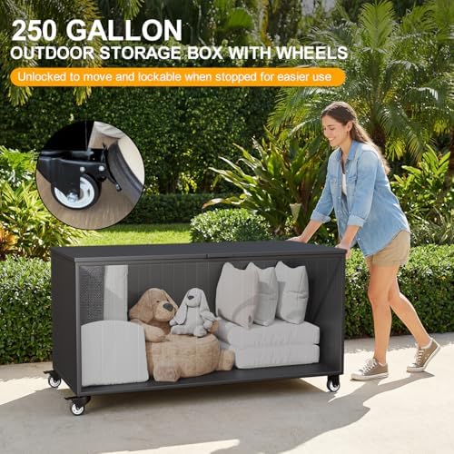 250 Gallon Metal Large Outdoor Deck Box with 4 Wheels, Black - Image 2
