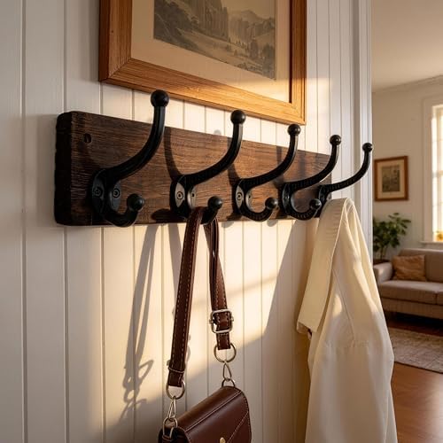 WEBI Rustic Coat Rack Wall Mount,5 Cast Iron Coat Hooks Wall Mounted,Heavy Duty Wood Wall Coat Hanger Hooks for Hanging Coats,Jacket,Clothes,Backpack,Farmhouse,Weathered Brown,2 Packs - Image 3