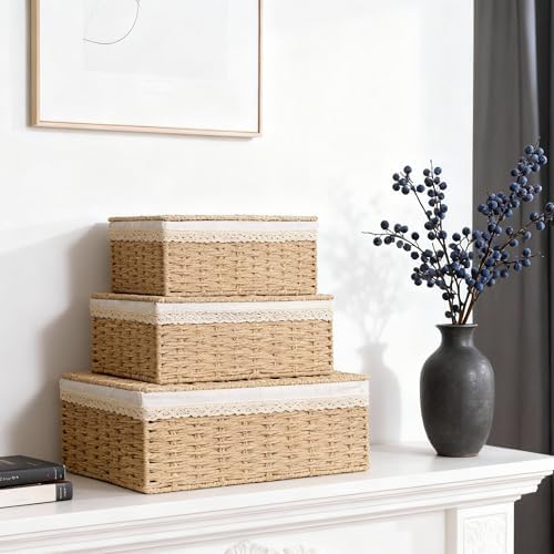 Nonam Rattan Divided Storage Basket with Lid, Set of 3, Natural - Image 4