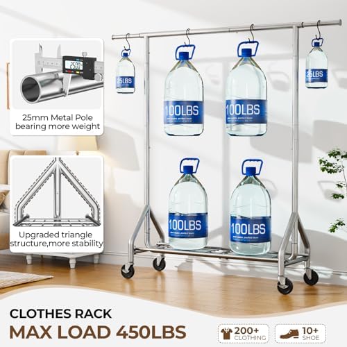 HYSEYY Heavy Duty Clothes Rack Load 450 LBS, Metal Garment Rack, Standing Rolling Clothing Rack for Hanging Clothes with Sturdy Wheels & Shelves, Portable Closet Wardrobe Rack,Sliver - Image 2