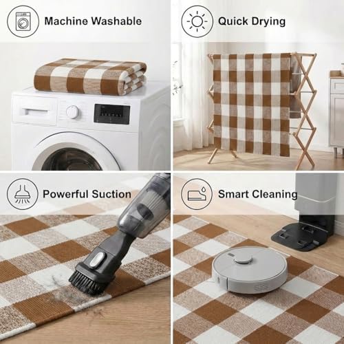 MUBIN Fall Decor Cotton Buffalo Plaid Rug, 4' x 6' Coffee White Outdoor Rug Decorative Mat, Washable Large Doormat Hand-Woven Foldable Area Rug for Outdoor Patio Indoor Living Room Dining Room Kitchen - Image 6