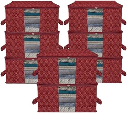 Kuber Industries (Pack of 8) Underbed Storage Bag | Golden Printed | Large Blanket Organizer | Clothing Storage Bag | Clear Window & Handle Storage Bag | Kambal Storage Bag | Maroon by Kuber+Industries