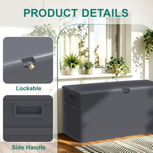 EHHLY 121 Gallon Outdoor Storage Box Large, Lockable Outside Storage Containers Waterproof Patio Cushions Deck Boxes, Rattan Plastic Garden Hose Boxes Resin Pool Storage Bins, Grey - Image 5