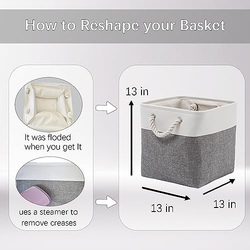 Fabric Storage Cubes 13 x 13, Collapsible Storage Bins for Shelf Baskets, Cube Storage Organizer White Gray Bins with Cotton Handles, Foldable Storage Bin box, Cube Storage Bin 6 Pack - Image 5