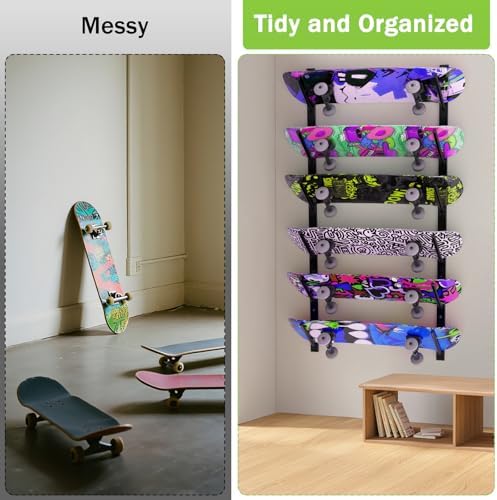 Linone Skateboard Wall Mount, 6-Tier Skate Board Rack Wall Mount, Snowboard Storage Longboard Deck Organizer, Skateboard Wall Display Hanger Holder - Image 6