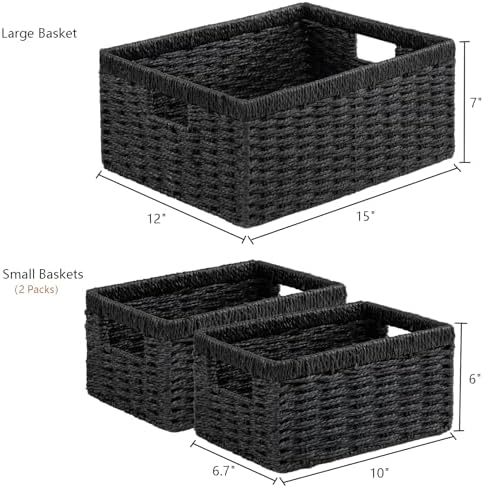 Vagusicc Wicker Storage Basket, Set of 3 Wicker Basket, Hand-Woven Paper Rope Storage Baskets for Organizing, Large Cube Storage Organizer Bins Baskets for Shelves Small Toilet Paper Baskets, Black - Image 2