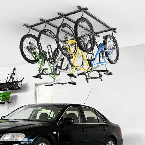 WALMANN Garage Ceiling Bike Rack, Adjustable Overhead Bicycle Storage System – Stores 4 Bikes Horizontally or 8 Bikes Vertically, Ceiling-Mount Bike Hanger for Road & Mountain Bikes - Image 2