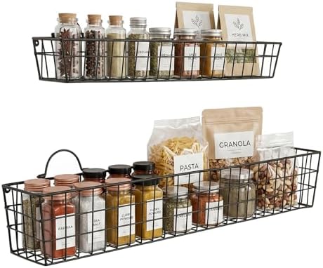 MyGift 2pcs 30-Inch Wire Baskets for Storage and Organization, Rustic Black Wall Mounted Metal Display Racks by MyGiftHome