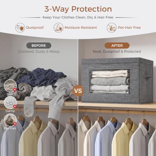 4-Pack Large Storage Bins with Lids & Clear Window, Foldable Fabric Closet Organizer Boxes, Stackable Cube Baskets with Soft Handles for Clothes & Blankets, 17”, Grey - Image 6
