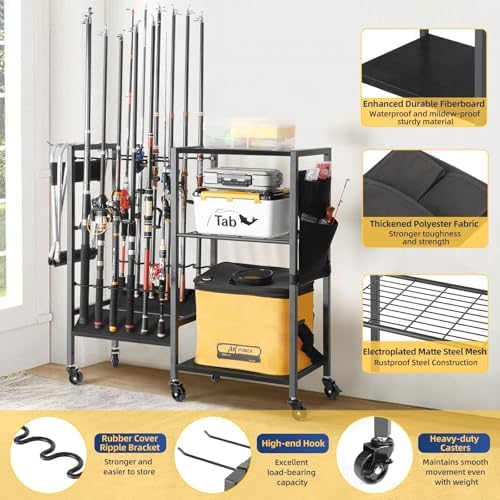 Olakee Fishing Rod Holders, Rolling Fishing Rod Rack for Garage & Boat, Tackle Box & Reel Holder Cart, Easy Assembly Fishing Gear Management System, Ideal Birthday Gift for Men Dad Anglers - Image 2