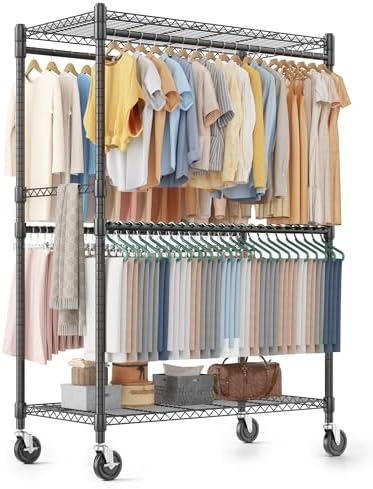 Homdox Heavy Duty Rolling Clothes Rack, Adjustable Clothing Rack for Hanging Clothes, Portable Closet Rack with 4 Hanging Rods, 2 Storage Shelves, 45" W x 20.5" D x 80" H, Black by HOMDOX