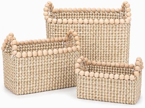 Handwoven Seagrass Shelf Baskets, Set of 3 Decorative Storage Bins with Bead-Accented Handles, Vietnamese Woven Baskets for Entryway, Bathroom, Bedroom, and Living Room by DoubleGift