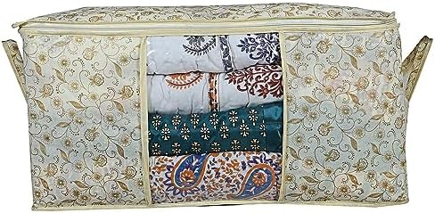 Kuber Industries Foldable Underbed Storage Bag|Organizer For Clothes Large|Non-Woven Comforter, Blanket Cover|Metalic Print & Side Handle|Pack of 6 (Brown & Cream) - Image 5