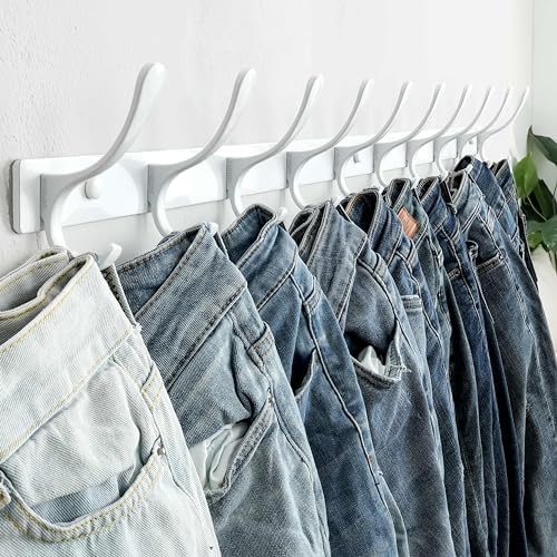 SKOLOO Wall Mounted Coat Rack - 10 Hooks, Heavy Duty, Stainless Steel, Metal Wall Hangers, Sturdy Coat Hooks for Hanging Coats, Jacket, Clothes, Hat, White - Image 3