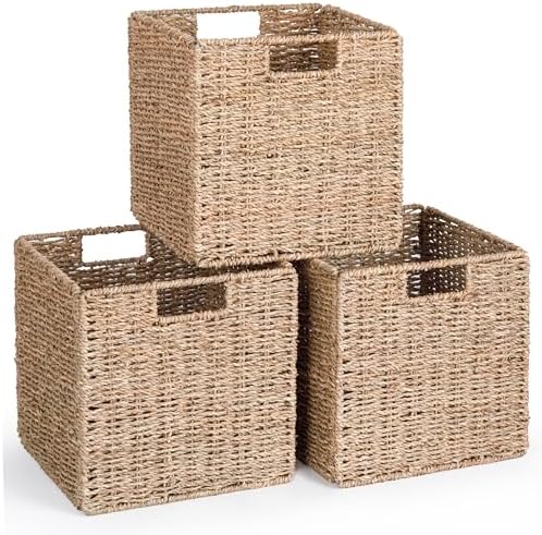10.5 x 10.5in Cube Seagrass Storage Baskets, Foldable Square Wicker Storage Baskets for Shelves Set of 3, Large Cubby Rattan Basket, Collapsible Cube Storage Bins by DINGTAI