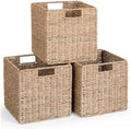 10.5 x 10.5in Cube Seagrass Storage Baskets, Foldable Square Wicker Storage Baskets for Shelves Set of 3, Large Cubby Rattan Basket, Collapsible Cube Storage Bins by DINGTAI