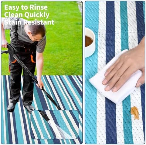 Garvee 10x20 Outdoor Large Blue Rug Modern Striped Lines Outdoor Rug - Image 7