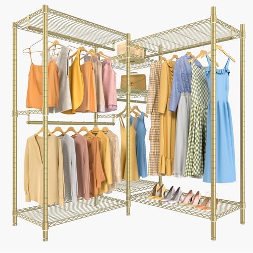 VIPEK L6 L Shaped Clothes Rack Heavy Duty Clothing Rack for Corner, 5-Tier Wire Garment Racks Metal Freestanding Closet with Adjustable Shelves, 42.1" L x 42.1" W x 76.4" H, Max Load 840LBS, Gold by VIPEK