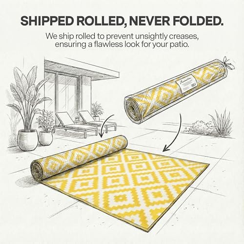 FH Home Outdoor Rug - Waterproof, Fade Resistant, Reversible - Premium Recycled Plastic - Geometric - Large Patio, Deck, Sunroom, Camping, RV - Aztec - Yellow & White Crease Free - 6 x 9 ft - Image 3
