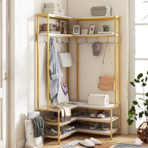 GIANTEX Corner Coat Rack, L-Shaped Hall Tree with Bench and Shoe Storage by Giantex