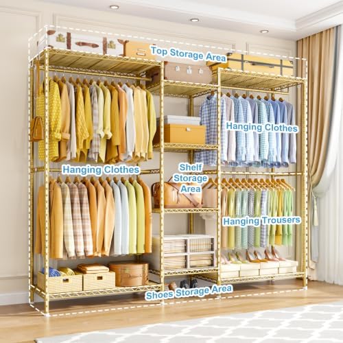 Ulif E4 Plus Heavy Duty Clothes Rack, Gold Metal Closet Storage System - Image 4
