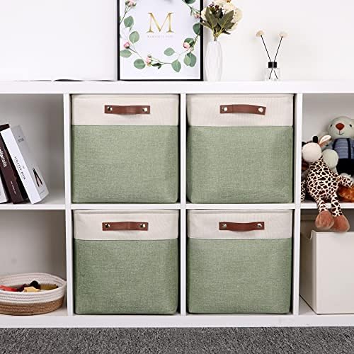 Temary Cube Storage Baskets for Shelves 4pack Fabric Storage Basket for Organizing Clothes, 13 Inch Storage Cubes with Leather Handles, Closet Baskets (White&Green) - Image 4