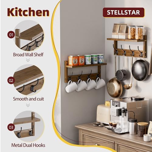 STELLSTAR Coat Rack with Shelf Wall Mount, Entryway Bamboo Hanging Shelf, Set of 2, Wall Hook Rail for Hallway Décor, Storage Clothe, Hat, Robe, Key, Dog Leash (Walnut) - Image 3