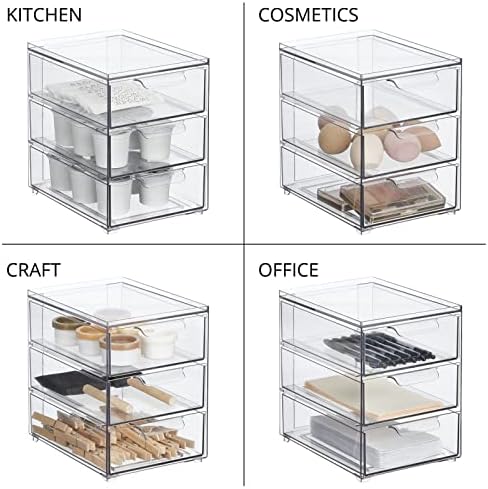 mDesign Plastic Stackable Organizer with 3 Drawers - Pull-Out Drawer Storage Bin for Bathroom Sink/Cabinet Organization - Perfect for Makeup, Small Towels, and More - Lumiere Collection, 4 Pack, Clear - Image 7