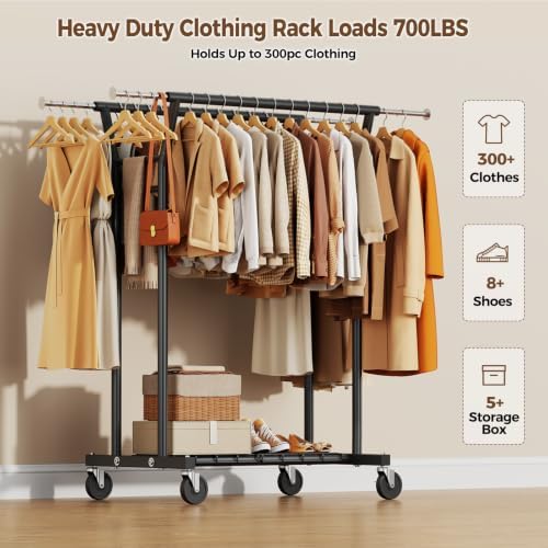 HYSEYY Heavy Duty Clothes Rack, Rolling Clothing Rack for Hanging Clothes with Shelves Load 700LBS,Portable Garment Wardrobe Closet Rack with Wheels for Bedroom,Laundry Room,Retail Store,Black - Image 2