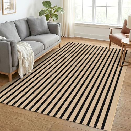 KOZYFLY Brown and Black Rug 5x7 ft Area Rug Woven Washable Striped Rugs by KOZYFLY