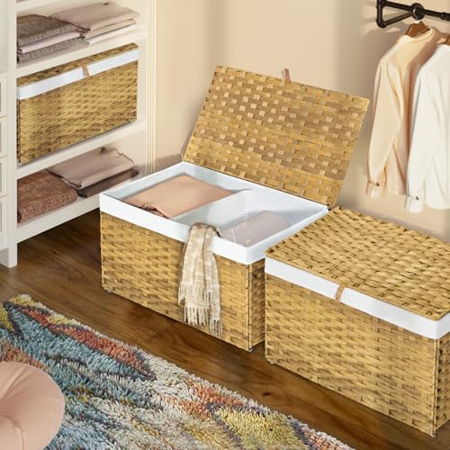 GREENSTELL Storage Basket with Lid, 27.7 Gallon(105L) Lagre Wicker Blanket Storage Basket with Handles, Foldable, 2 Removable Liner Bags, Metal Frame, for Bedroom, Laundry Room, Natural - Image 2