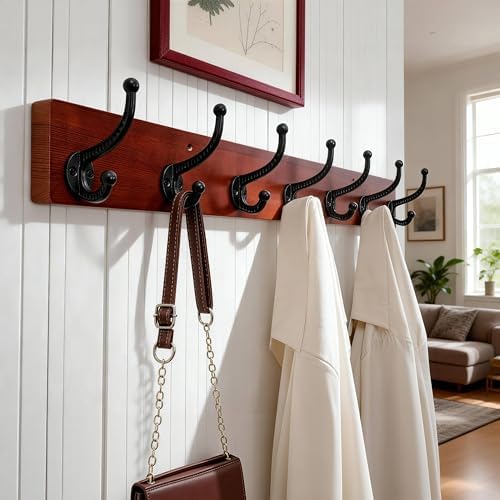 WEBI Rustic Coat Rack Wall Mount,30" Long 7 Cast Iron Coat Hooks Wall Mounted,Heavy Duty Wood Wall Coat Hanger Hooks for Hanging Coats,Jacket,Clothes,Backpack,Farmhouse,Cherry,2 Packs - Image 2