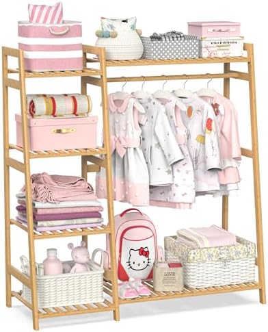 BAMBOOHOMIE Kids Clothing Rack with Shelves, Bamboo Clothes Garment Rack for Kids Child Baby, Kids Dress Up Storage Rack with Top Shelf, Toddlers Wardrobe Closet for Nursery (Medium Size) by BAMBOOHOMIE