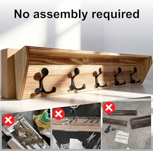 SKOLOO Wall Shelf with Hooks, 35-Inch Coat Rack Wall Mount with Shelf Organizer - Heavy Duty, 5 Tri Hooks - Perfect for Entryway, Hallway, Living Room, Bedroom, Mudroom, Wood Brown & Black - Image 7