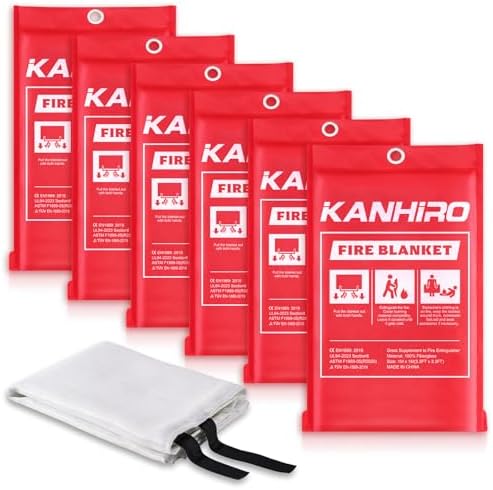 kanhiro Fire Blanket Emergency for Home Kitchen - Fiberglass Fire Suppression Blanket Great for School, Fireplace, Grill, Car, Office, Warehouse (6 Pack, 39 in X 39 in) by KANHIRO
