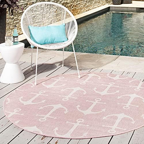 Unique Loom Outdoor Coastal Collection Area Rug - Ahoy (7' 10" Round, Pink/ Ivory) - Image 5