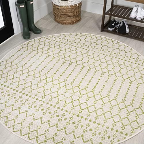 Eyely Moroccan Woven Round Rug 5 Ft Cream/Green, Indoor Outdoor Rug by eyely