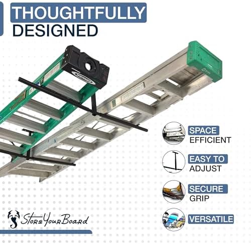 StoreYourBoard Adjustable Overhead Ladder Rack – Garage Organizer Ladder Shelf for Step & Extension Ladders - Storage Racks and Shelving for Garage Organization - Ceiling Mounted - Holds 150 lbs - Image 5