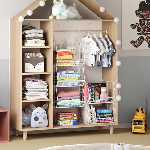 5 Tier Closet Hanging Organizer, Clothes Hanging Shelves with 4 Hanging Hooks 5 S Hooks, Wire Storage Basket Bins, for Clothing Sweaters Shoes Handbags Clutches Accessories Patent Design-White - Image 5