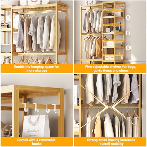 Homykic Bamboo Clothing Rack with 7 Adjustable Shelves, 2 Hang Rods - Image 5