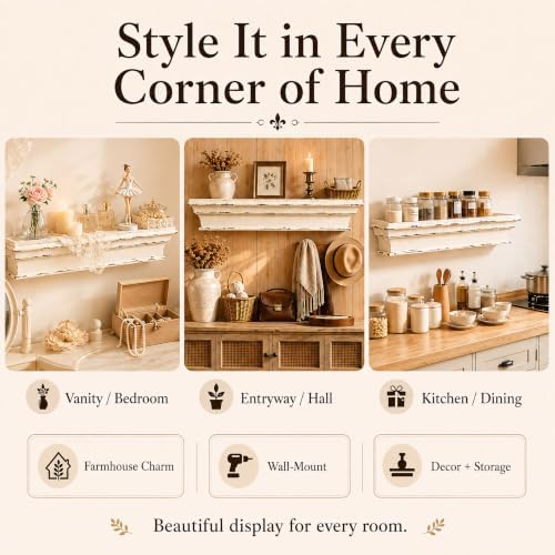 23.6 Inch Distressed White Wall Shelf, Rustic Farmhouse Floating Shelf - Image 6
