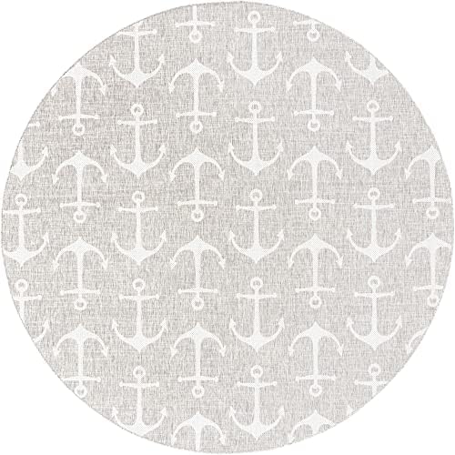 Unique Loom Outdoor Coastal Collection Area Rug - Ahoy (10' Round, Gray/ Ivory) - Image 3