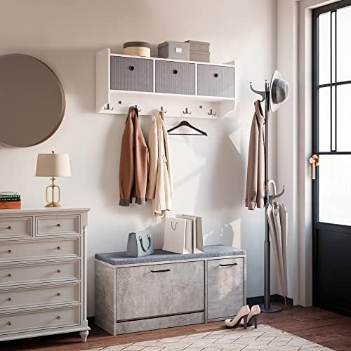 Mondeer Wooden Coat Rack Shelf Wall Mounted with 3 Baskets 5 Hooks White - Image 7