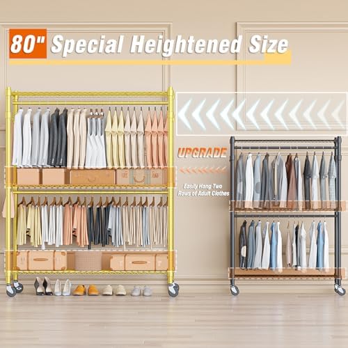 Homdox Gold Heavy Duty Clothes Rack with Wheels, 3-Tier Rolling Metal Garment Organizer with Double Hanging Rods & Hooks, Freestanding Portable Closet, 17.72" D x 47.24" W x 80.71" H - Image 2